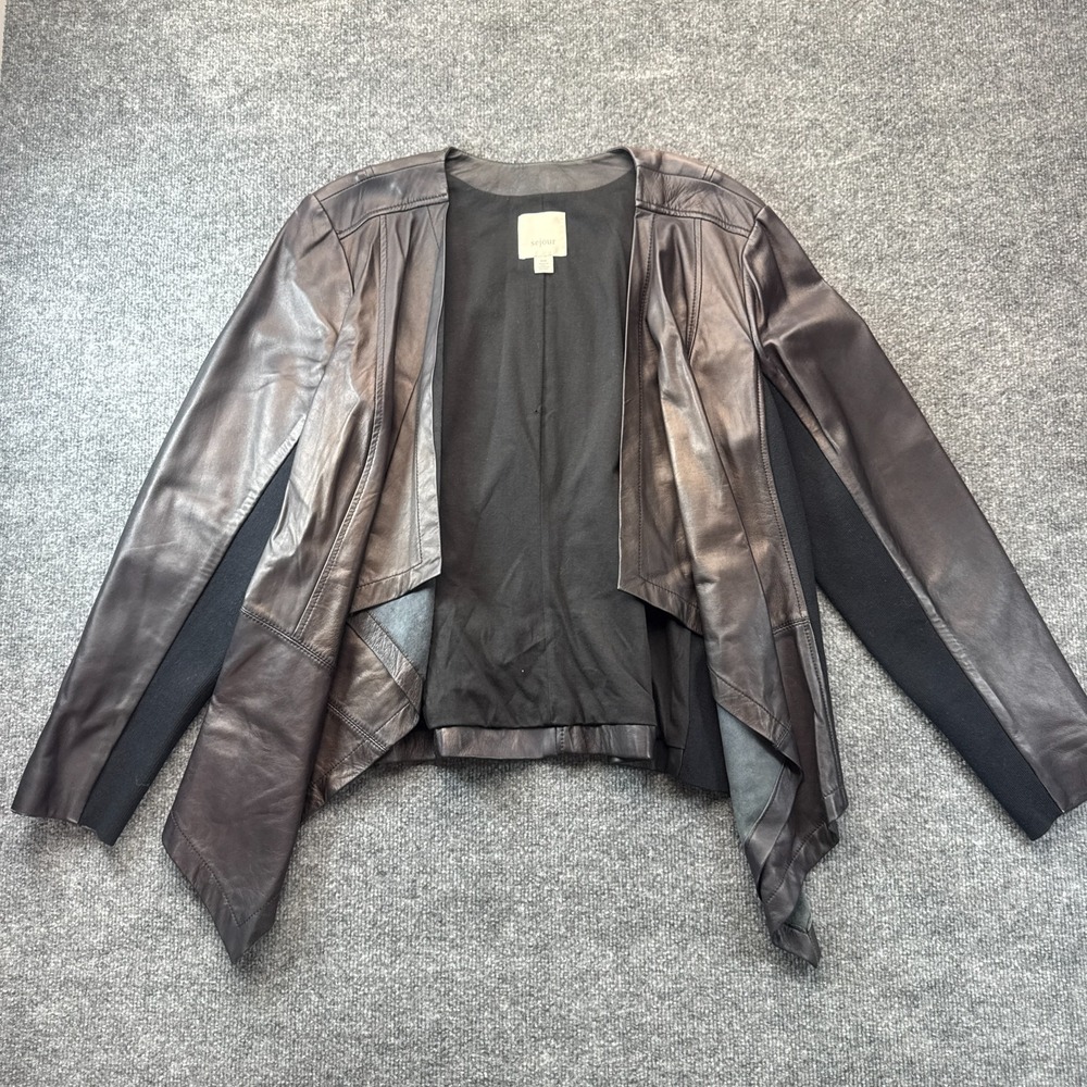 Sejour Leather Jacket Womens 16W Black Knit Panel Long Sleeve Draped Open Front
